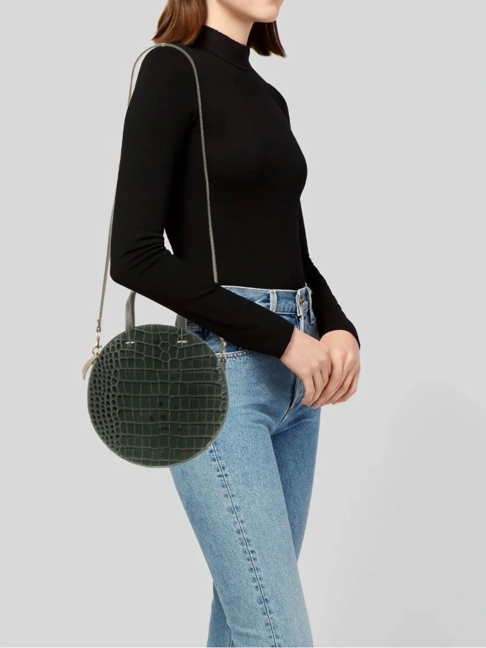 Clare V. Petit Alistair Croc Embossed Round Crossbody Bag Green